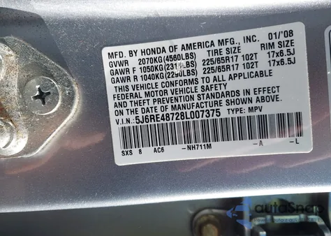 2008 Honda Cr-V Ex-L из США, поврежденный, VIN 5J6RE48728L007375